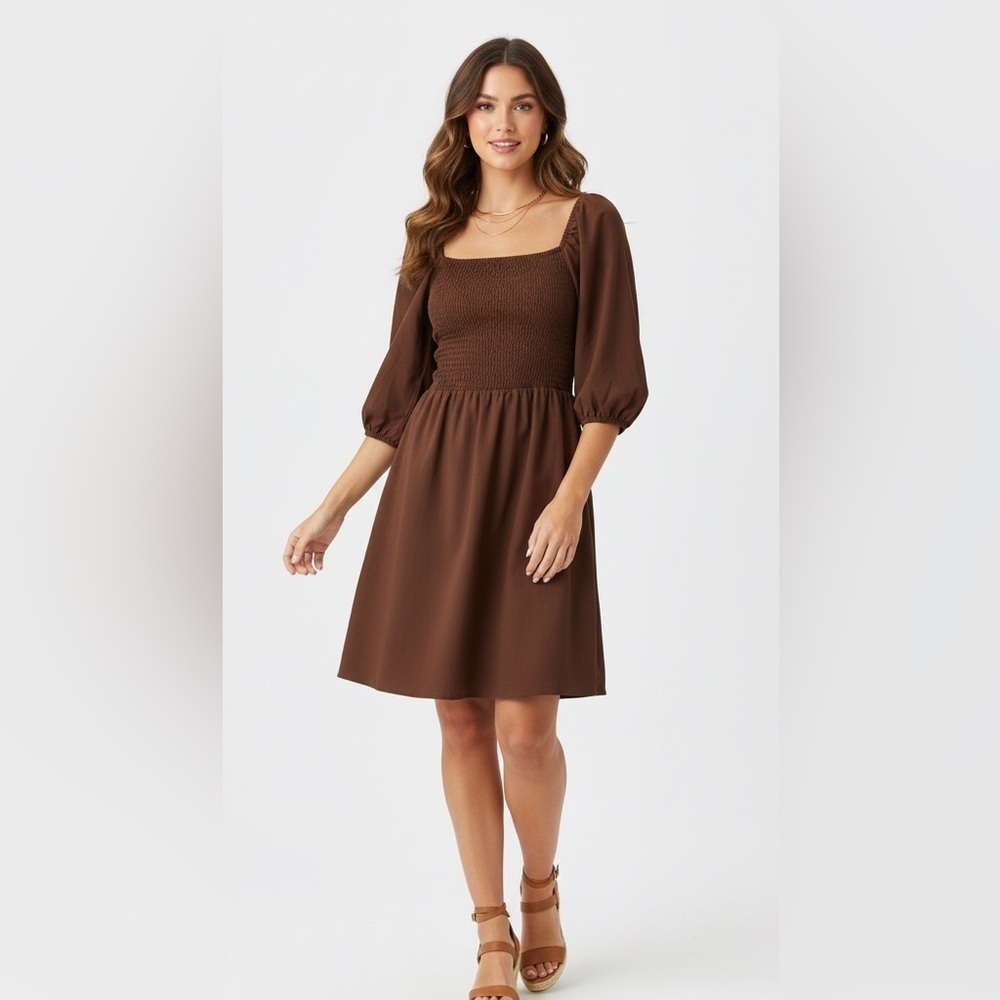 Bar III Womens Smocked Babydoll Dress Bishop Sleeve XL Brown Romantic Boho